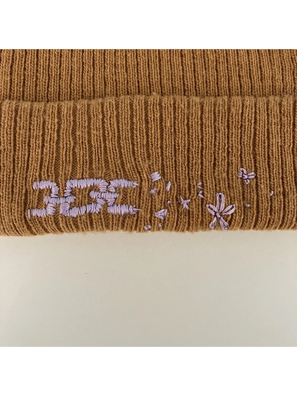 Hand Embroidered Knit Ribbed Beanie Chain Butterfly Flowers Skater Hat